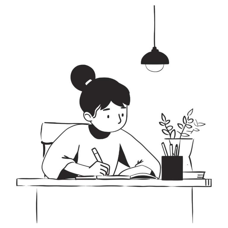 woman sitting at a desk with a lamp illustration