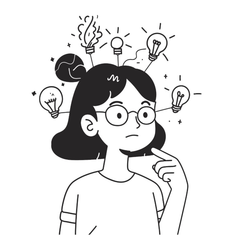 girl with glasses surounded by light bulbs looking illustration