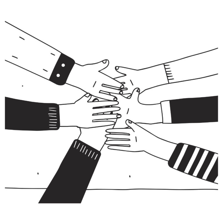 black and white illustration of all hands in the middle